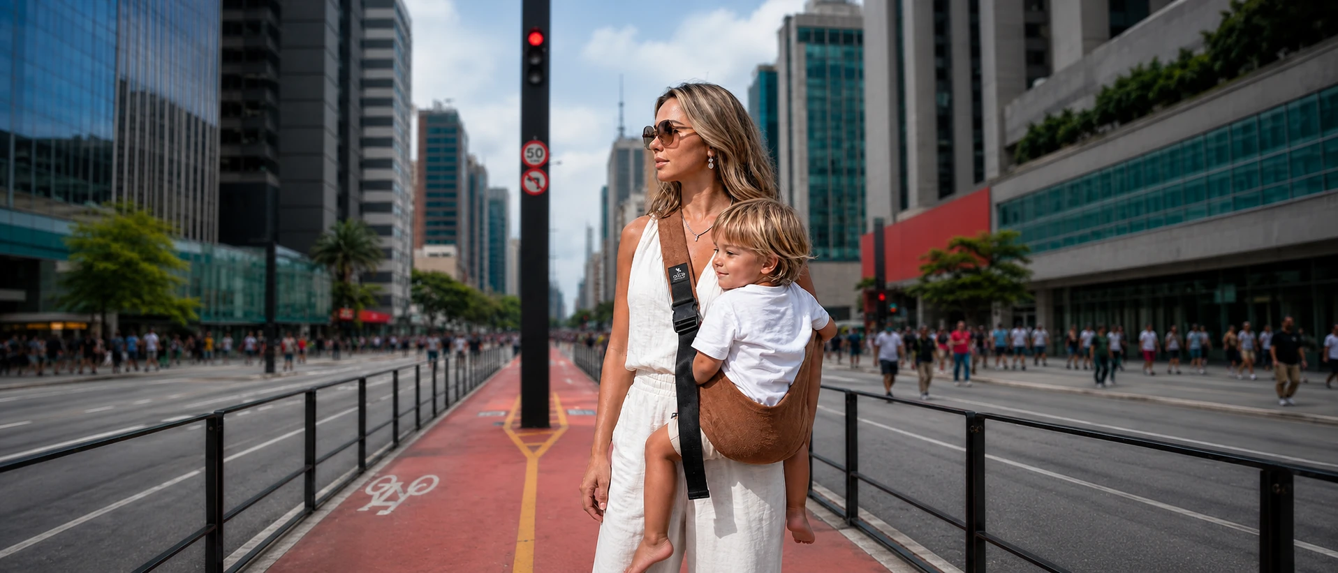 Mãe usando sling para bebê Alce Caramelo com engate rápido